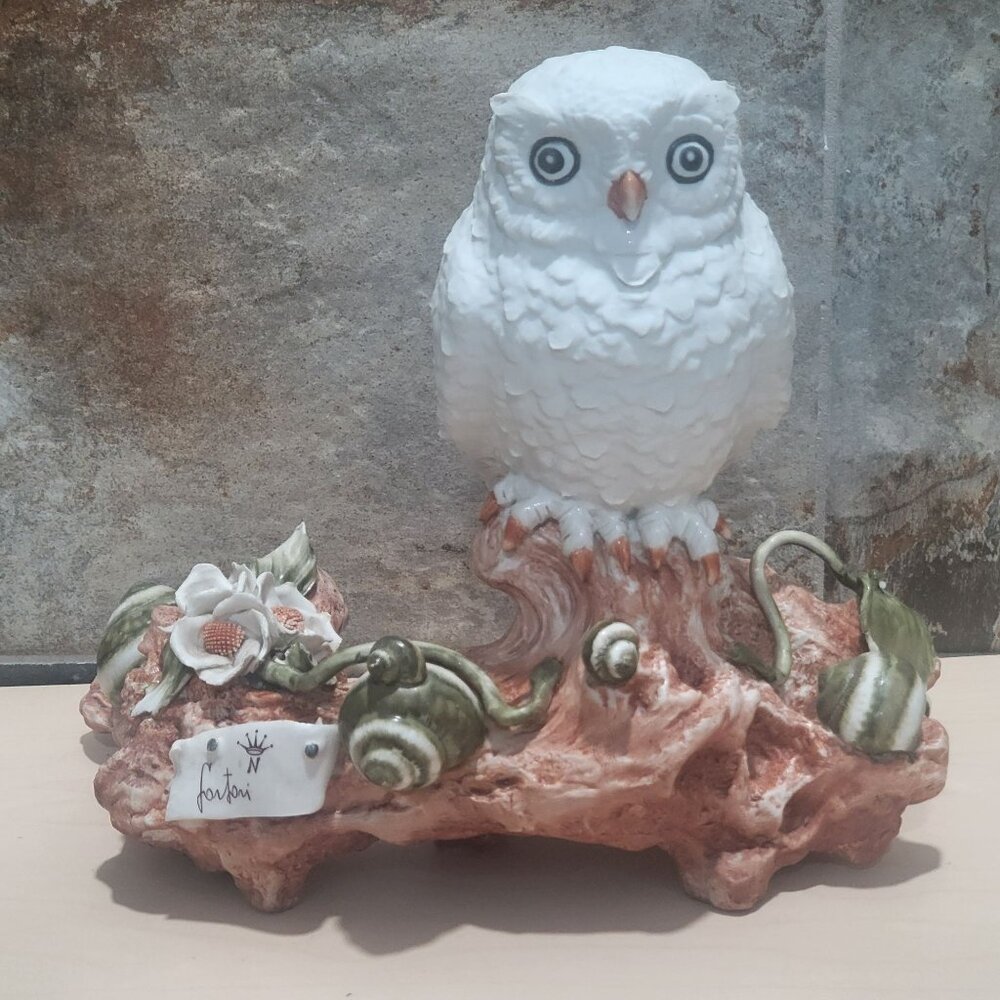 Fortori White Owl Figurine Branch Green Shell Leaves White Flower